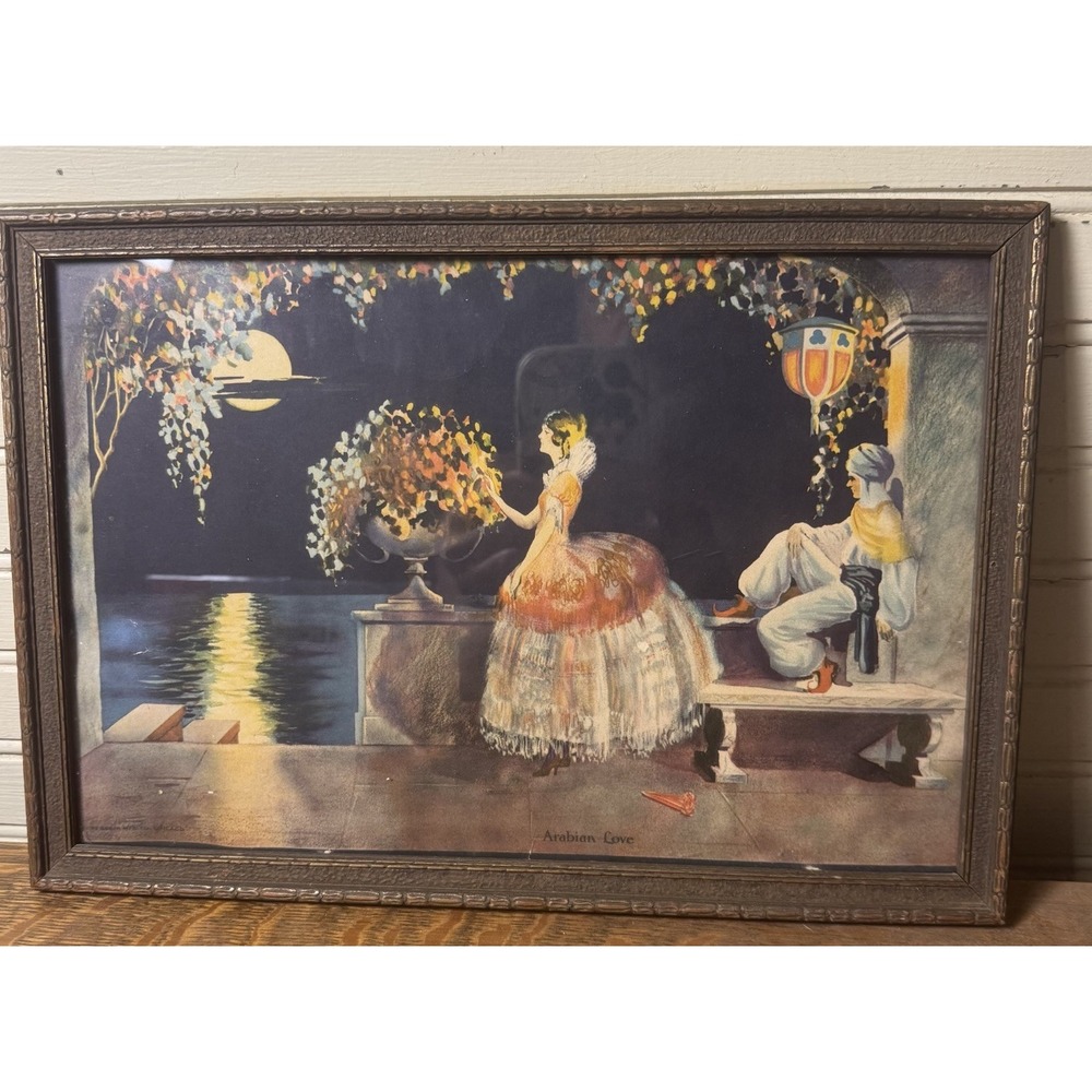 1928 Arabian Love Borin Chicago Lithograph Framed Art Deco Scene 12"x9"
